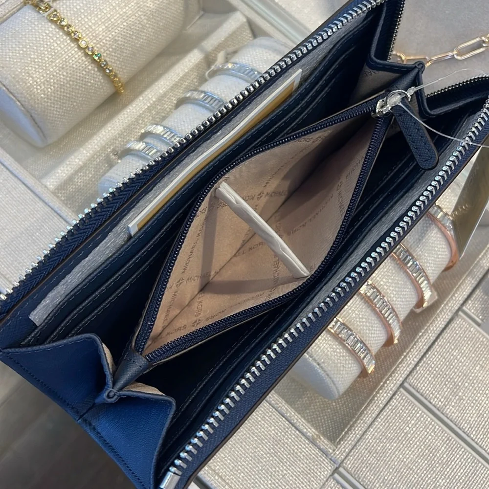 MICHAEL KORS Jet Set Travel Large Saffiano Leather Quarter-Zip Wallet Navy  NWT